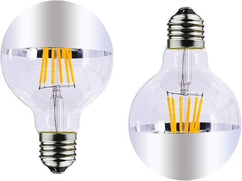 E26 8W Half Chrome Light G25G80 Dimmable, Warm White 2700K 80W Equivalent 700LM Led Globe Filament Vintage Bulbs with Silver Mirror for Indoor Dinning Room Living Room, 2-Pack, AC 110V