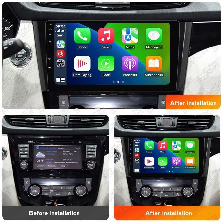 Comparison image showing a car's dashboard before and after the installation of the Biorunn Android Car Stereo. The 'Before installation' image shows the original car stereo, while the 'After installation' image displays the new 10.1-inch Android unit seamlessly integrated into the dashboard.
