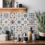 Tile Stickers, Stick on Tiles, Self Adhesive Wall Tiles, 24pcs Peel and Stick Tile Decals, 10x10cm Moroccan Style Waterproof Vinyl Mosaic for Kitchen Bathroom Wall Decor