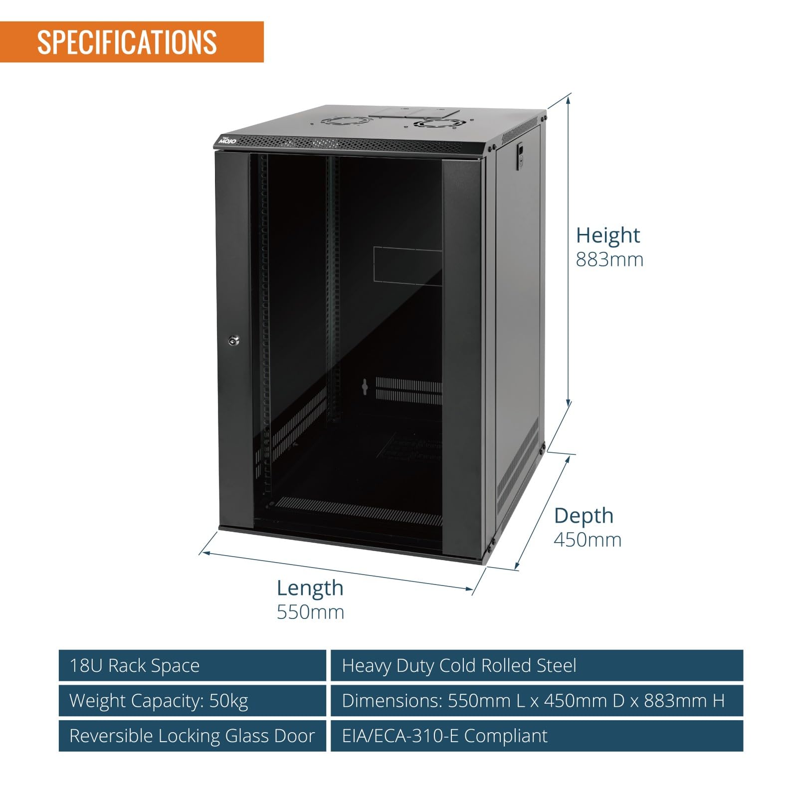 Tecmojo 19 Zoll 18HE 450 mm Tief Netzwerk-Schrank, Wand-Serverschrank, 19 Zoll IT-Netzwerk-Rack-Gehäuse, abschließbare Tür und Seitenwände, Glastür, Schwarz, Flachverpackung