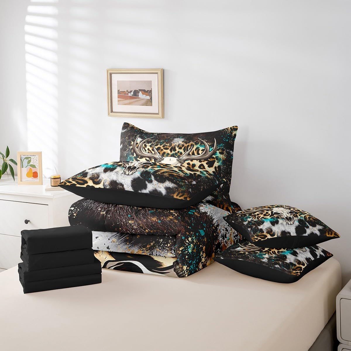 Erosebridal 7 Pcs Cow Pattern Sheet Set Full Size Leopard Bed in A Bag for Adults Men Women Rustic Aztec Cheetah White Teal Blue Comforter Lightweight Bed Set