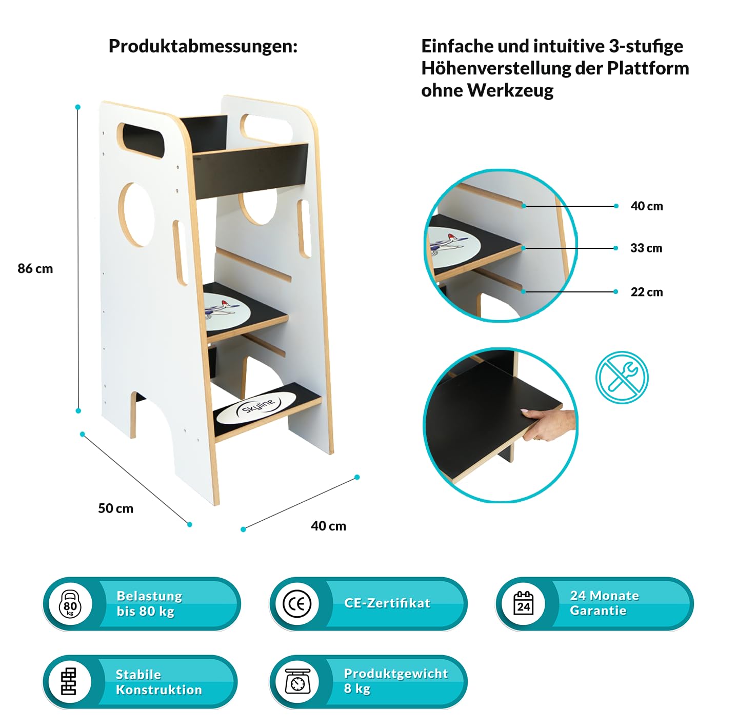 Skyline Torre di Apprendimento Libreria Montessoriana per Bambini Scaletta Pieghevole Tavolino Sedia Torretta Pieghevoli Scrivania Sgabello Tavolo Kitchen Helper Learning Tower bianco/nero