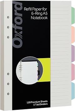 Oxford A5 Refill Paper, 6 Ring Lined Paper with Pastel Binder Dividers, 5 Tabs, 120 Sheets, 6 x 8.25 Inches, Notebook, Bullet Journal and Planner Inserts 1016731