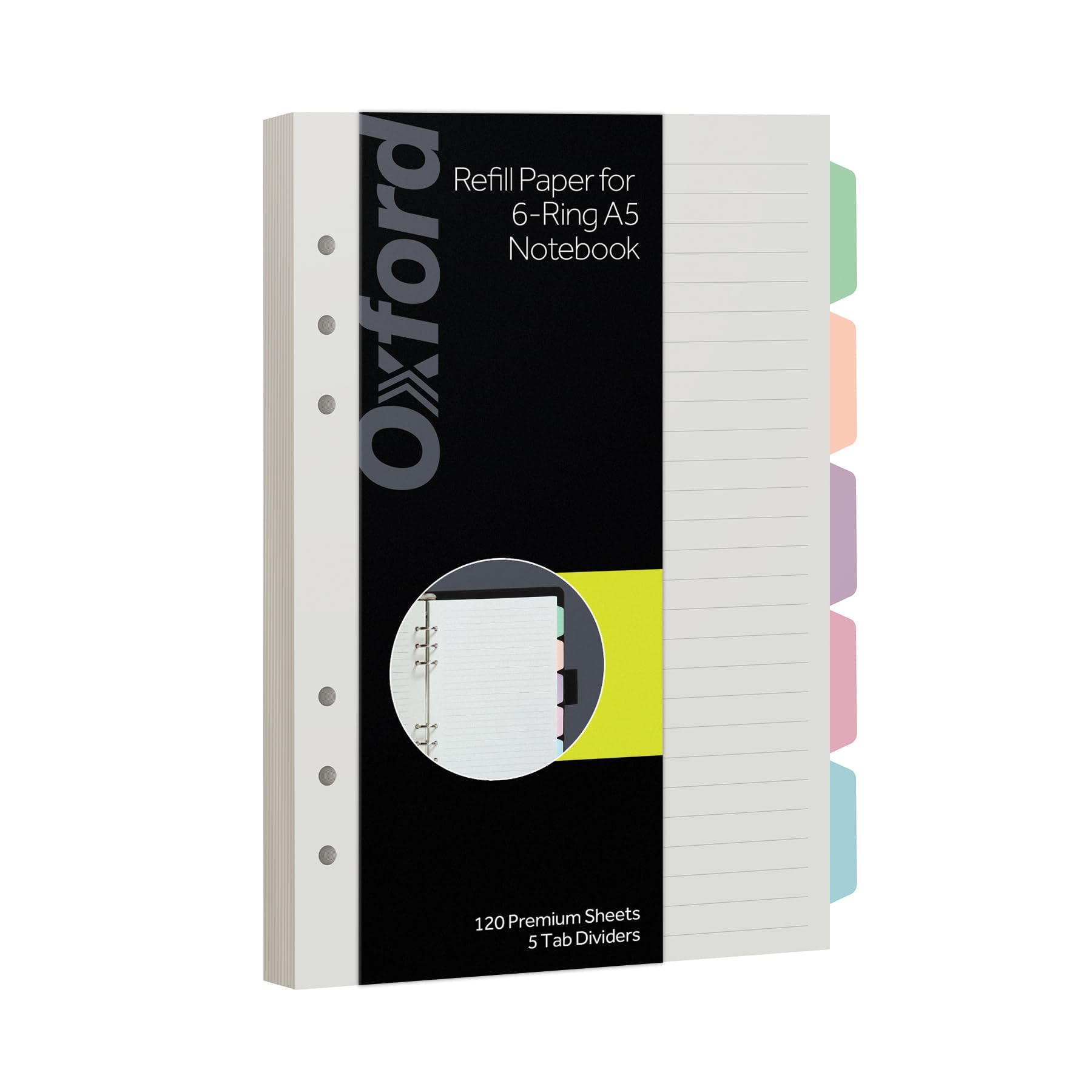Oxford Papel de recambio A5, papel rayado de 6 anillos con separadores de carpeta pastel, 5 pestañas, 120 hojas, 6 x 8.25 pulgadas, cuaderno, diario de viñetas e insertos de planificador (1016731)