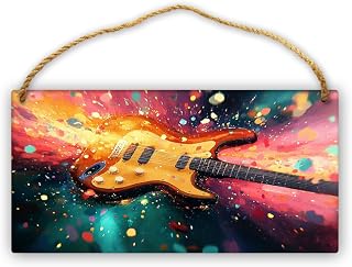 Artistic Golden Electric Guitar with Splatter Paint & Sparkles Wooden Hanging Sign, Retro Rock Decor, 12x6 Inch Farmhouse Plaque, No Frame Needed Living Room Wall Art Home Decor Signs