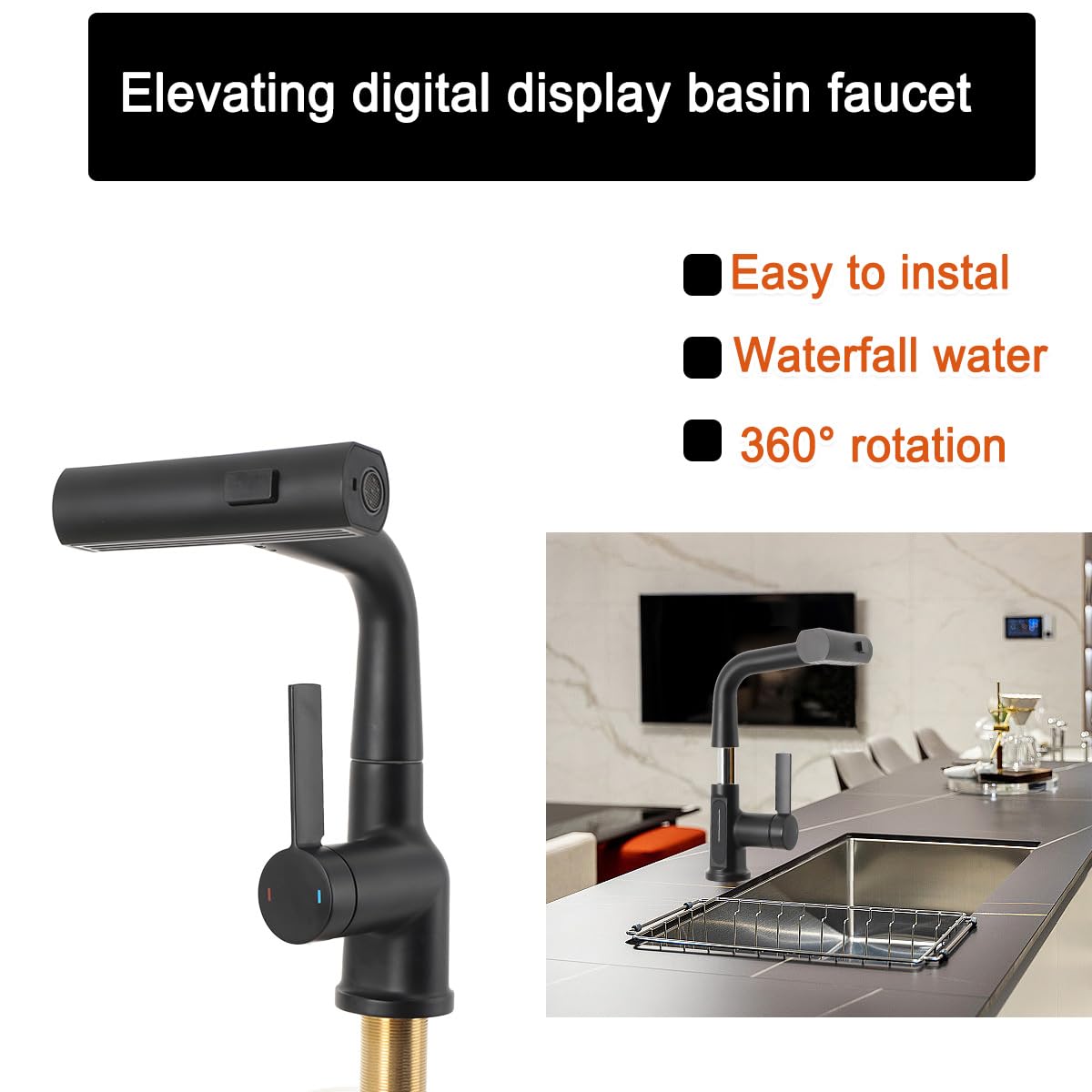 Küchenarmatur Schwarz Wasserhahn Spüle, Wasserfall Armatur Küche Faucet Heizung Wasserfall Ausziehbarer mit 60cm Schläuchen, LED Temperaturanzeige, Anhebbare Arm