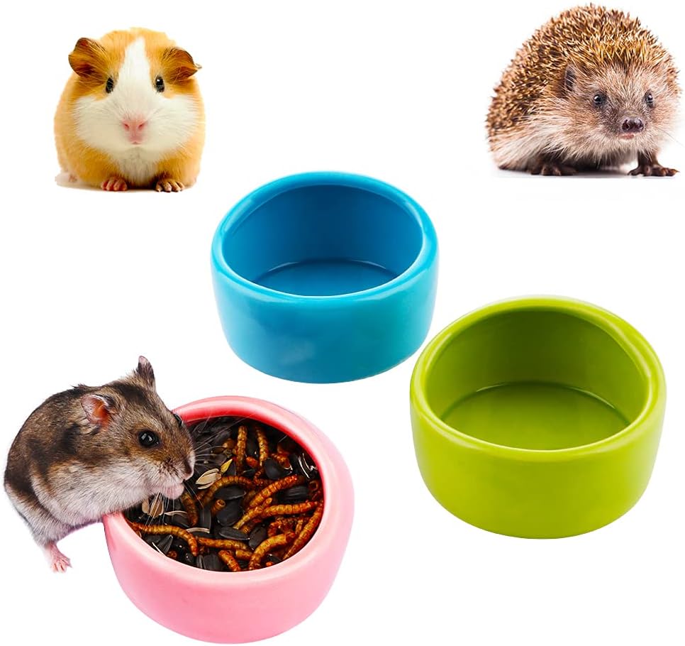3 Pcs Ceramic Hamster Food Bowl and Water Dish Feeder for Small Hedgehog Hamster Rodents ( L: Diameter 2.95", Blue, Green and Pink )
