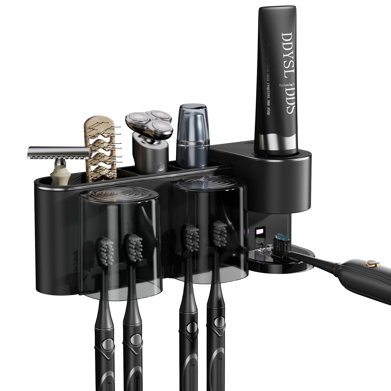 Automatic Toothpaste Dispenser Wall Mounted: 2 Cups Toothbrush Holders Black Electric 6 Adjustable Levels Auto Toothpaste Squeezer Smart Rechargeable Touchless for Kids Adults - Bathroom