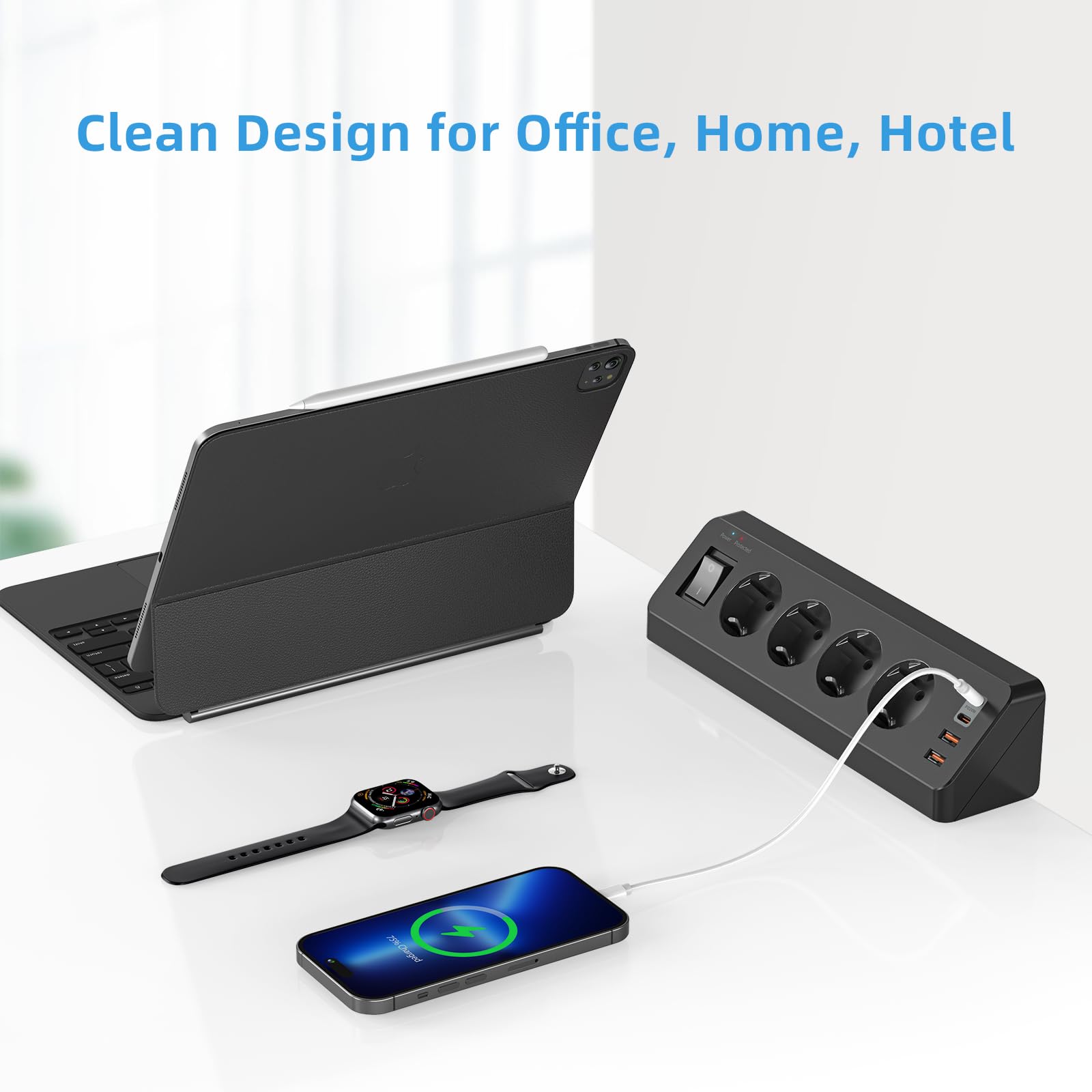 Gniazdo wtykowe stołowe z USB C (PD 20 W), listwa zasilająca 8 w 1, biurko z przełącznikiem, 4 wtyki, 4 gniazda USB, ochrona przed przepięciem, kabel 2 m, do domu, biura (czarne)
