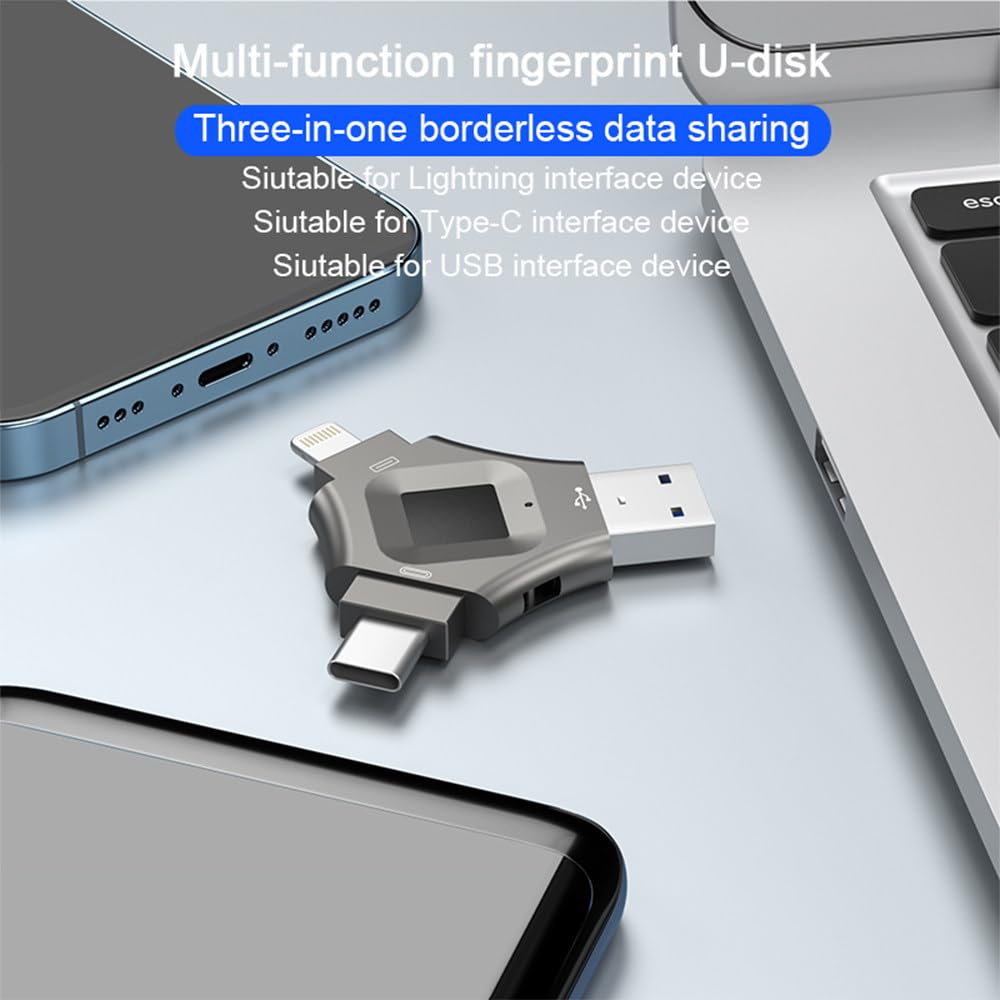 Unità flash USB con sblocco delle impronte digitali, protezione sicura con password disco USB 3 in 1, archiviazione crittografata per Android/cellulare/PC (6 x 6 x 0,6 cm), grigio + 64 g