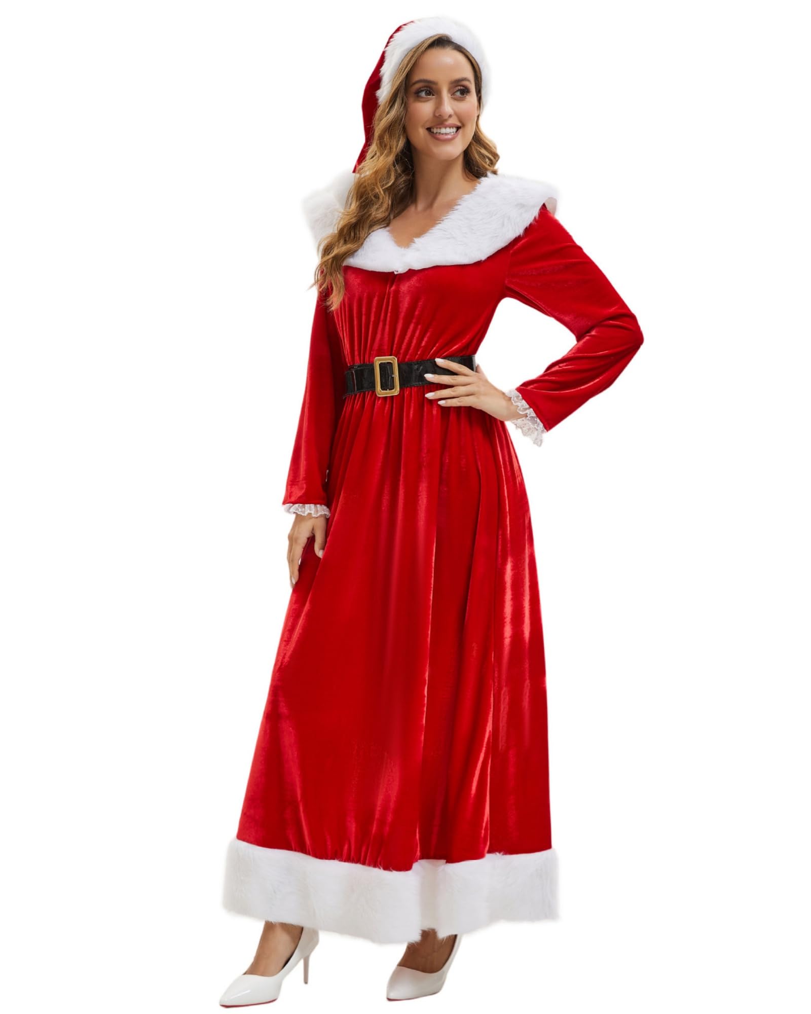 Costume de femme de Noël pour femme - Long costume en velours avec bonnet, rouge et blanc classique - Costume de Mme Claus - Robe et tenue de Noël