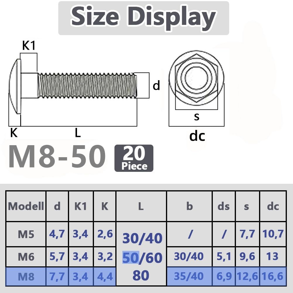SHUNCHG M8x50 Coach Bolts, Cup Square Carriage Bolt and Nut Pack of 20, M8 (8mm) X 50 mm,Coach Bolts with Hexagon Nuts - Image 3