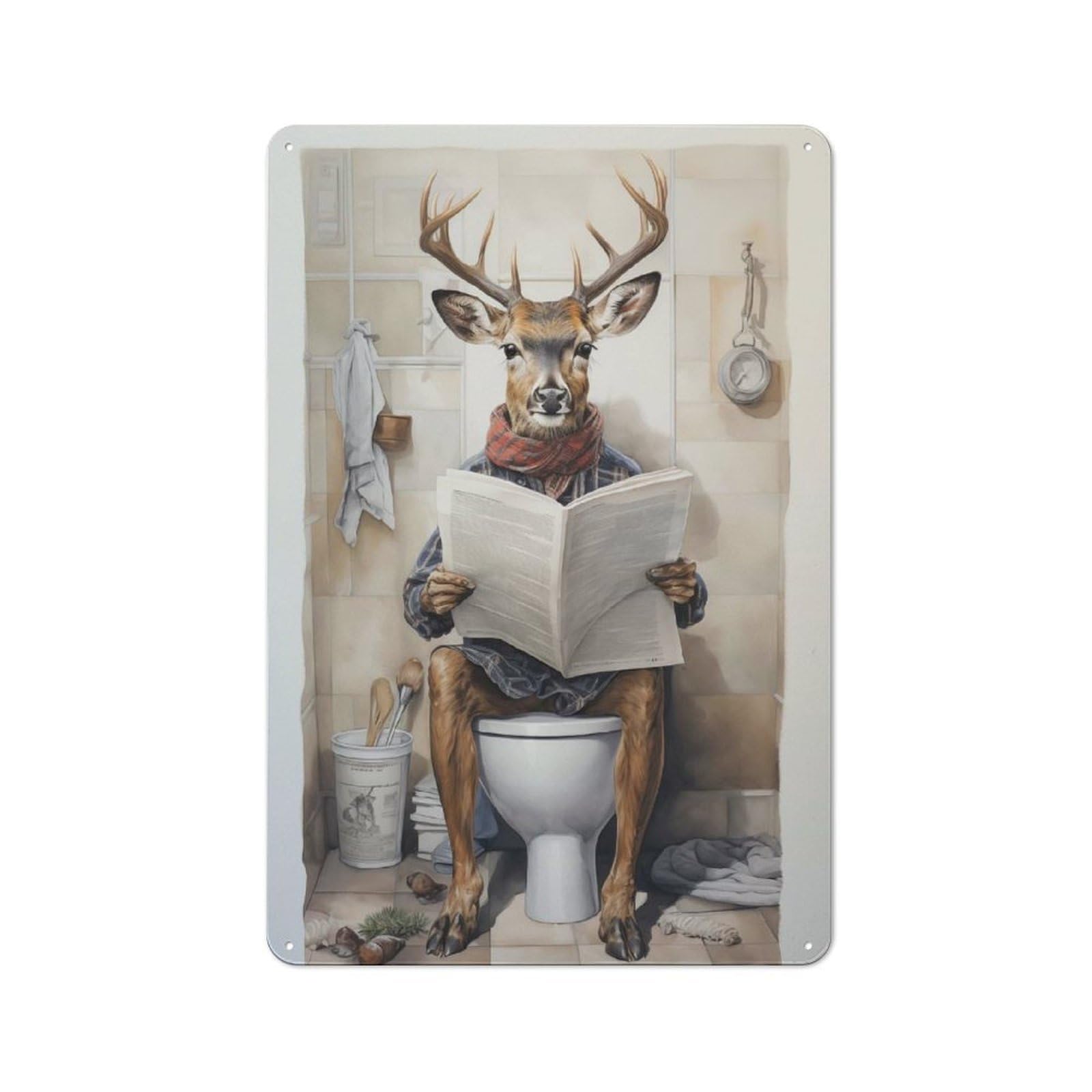 Junmoney Deer Reading The Paper Industrial Metal Wall Sign 30X20cm Featuring Urban Room Decor For Loft, Studio, Office Or Creative Room