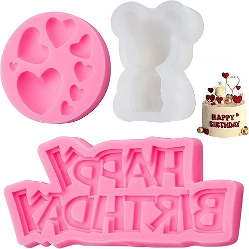3D Silicone Bear Chocolate Mold Heart Mold for Chocolate and Happy Birthday Letters Fondant Mold for Cake Decorating