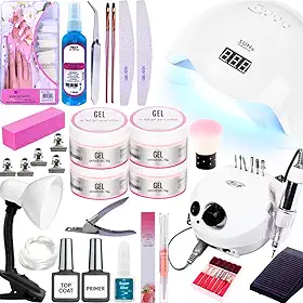 Kit Unhas Gel Acrigel Lixadeira Eletrica Motor Porquinho Cabine Sun5 48wTop Coat Primer Luminária
