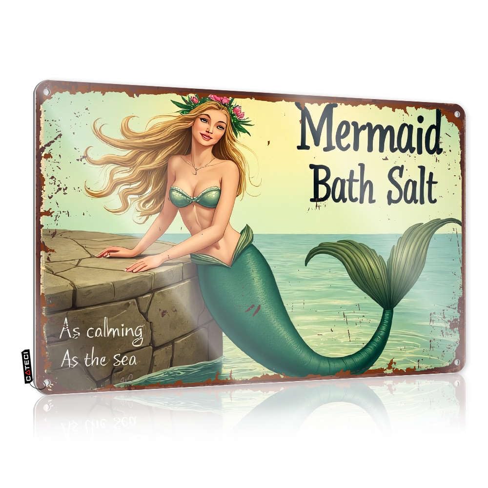 Fzfn Colour Sleek Tin Wall Decor, Fall Decor Soft Bath Mermaid Bath Salt - As Calming As The Sea. | Farmhouse Workshop Decor(20X30cm)