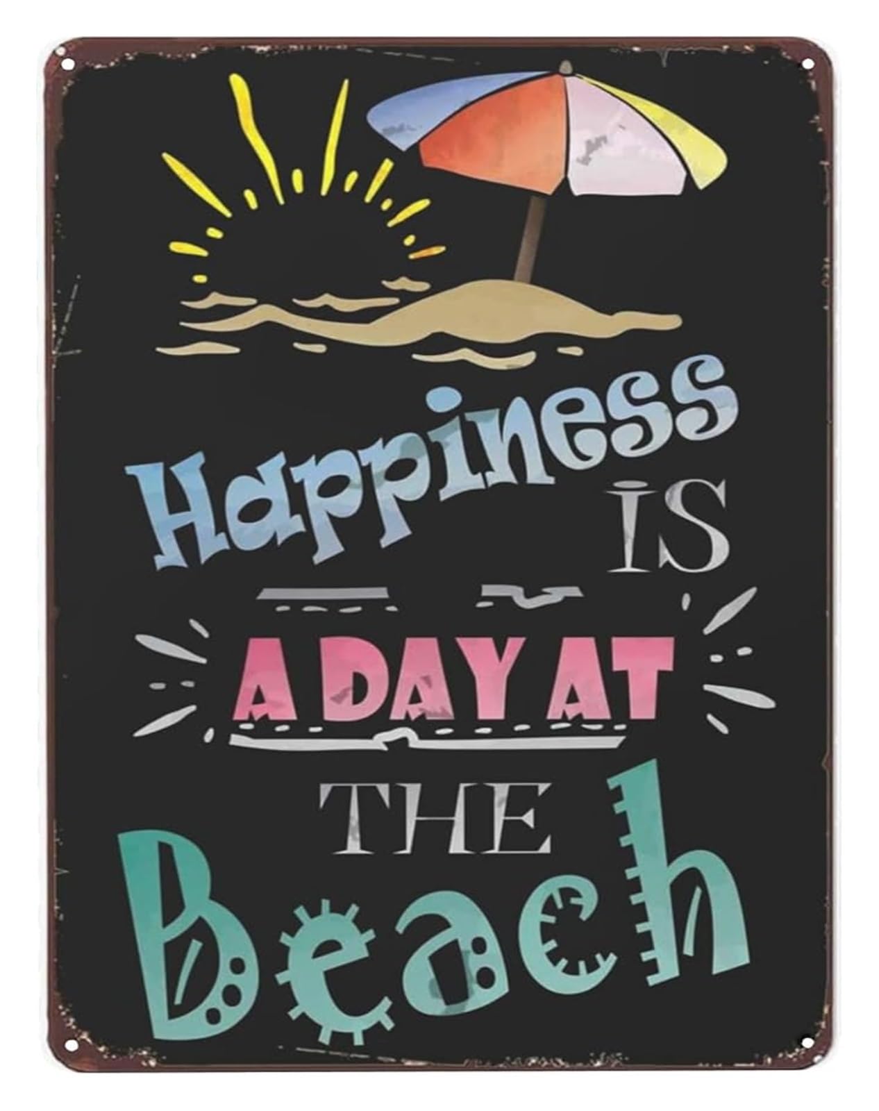PKNVKZIDK Hand Lettered Metal Sign Happiness Is a Day at the Beach Artistic Typography Wall-Art for Eclectic Boho Farmhouse Home Decor 8 X 12 in