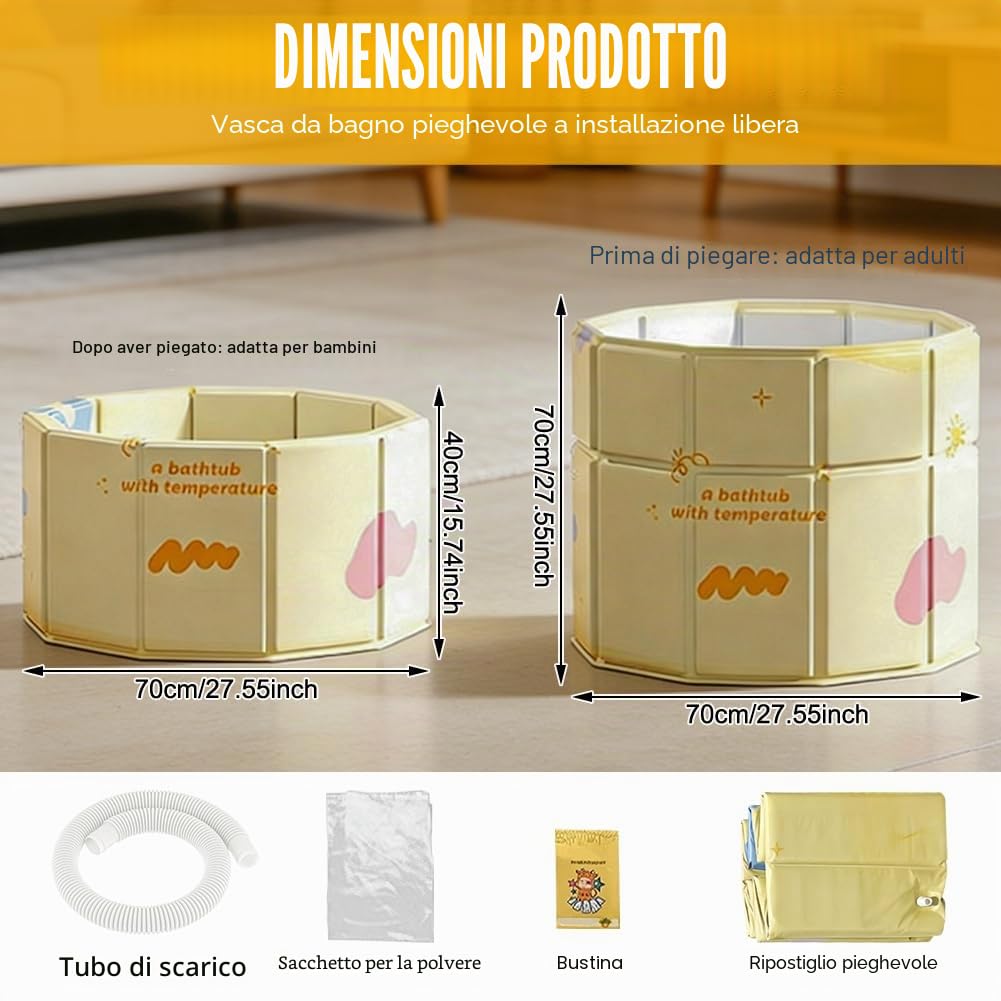 Vasca da bagno pieghevole 70×70 cm per adulti e bambini, vasca da bagno portatile con doppio scarico per doccia e SPA all'aperto, vasca indipendente per bagno di ghiaccio e acqua calda, vasca da bagno