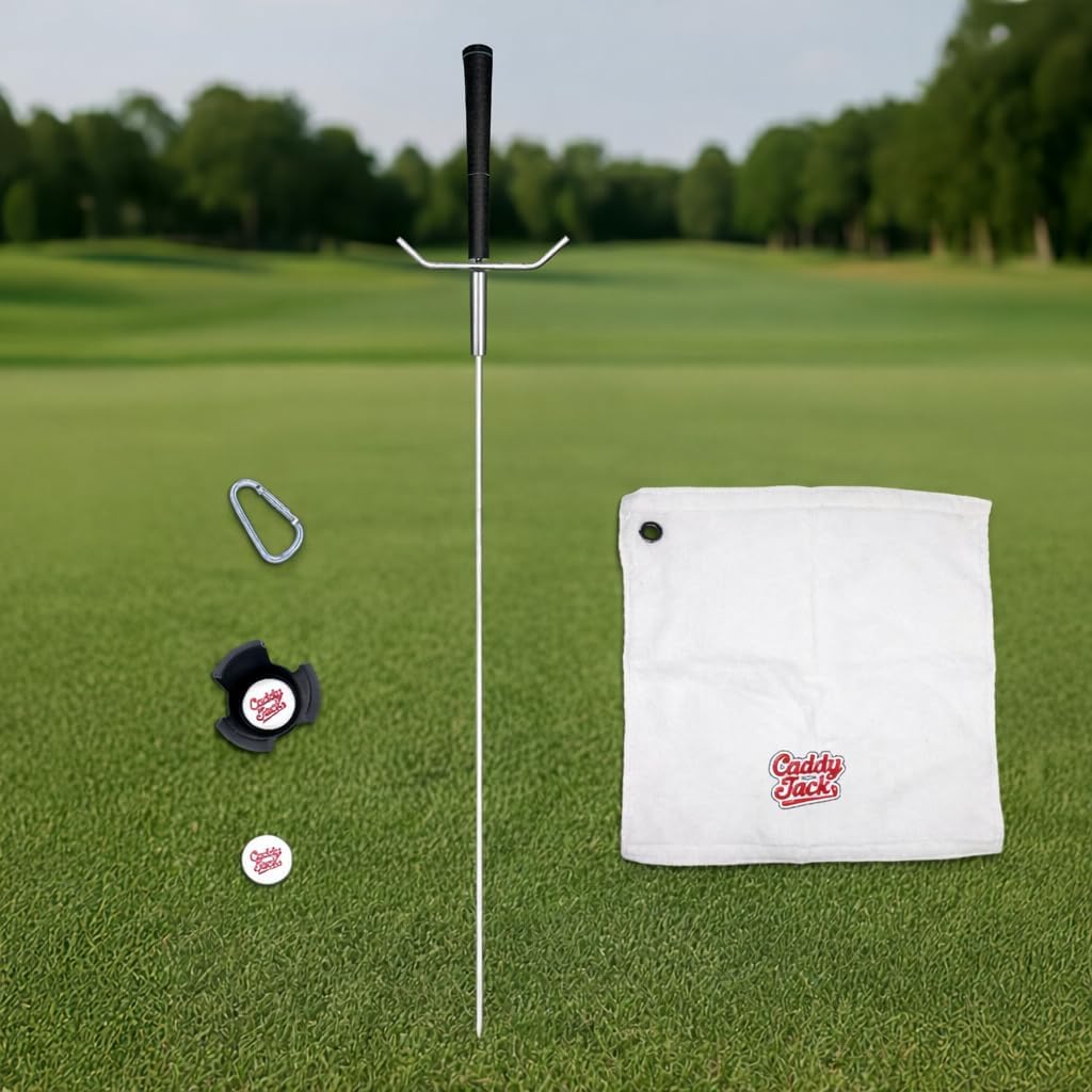 Golf Club Stand & Accessories | Designed to Minimize Bending on the Course | Multi-Club Holder, Ball Pick-Up Cap, Towel, Carabiner & Marker | Made in USA