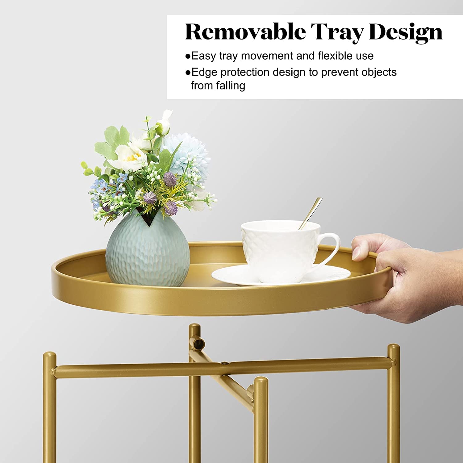 INDIAN DECOR 89203 End Table 2-Tier, Outdoor Side Table Metal Round Side Table with Removable Tray, Small Folding Accent Table, Anti-Rust Nightstand for Bedroom Balcony Patio Living Room (Gold) 2