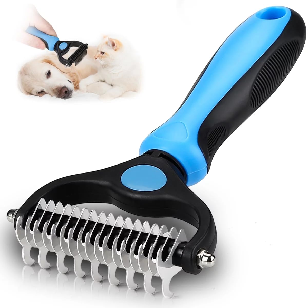 LOVEQI Pet Grooming Brush, Safe Double Sided Undercoat Rake Dematting Comb for Dogs & Cats, Blue