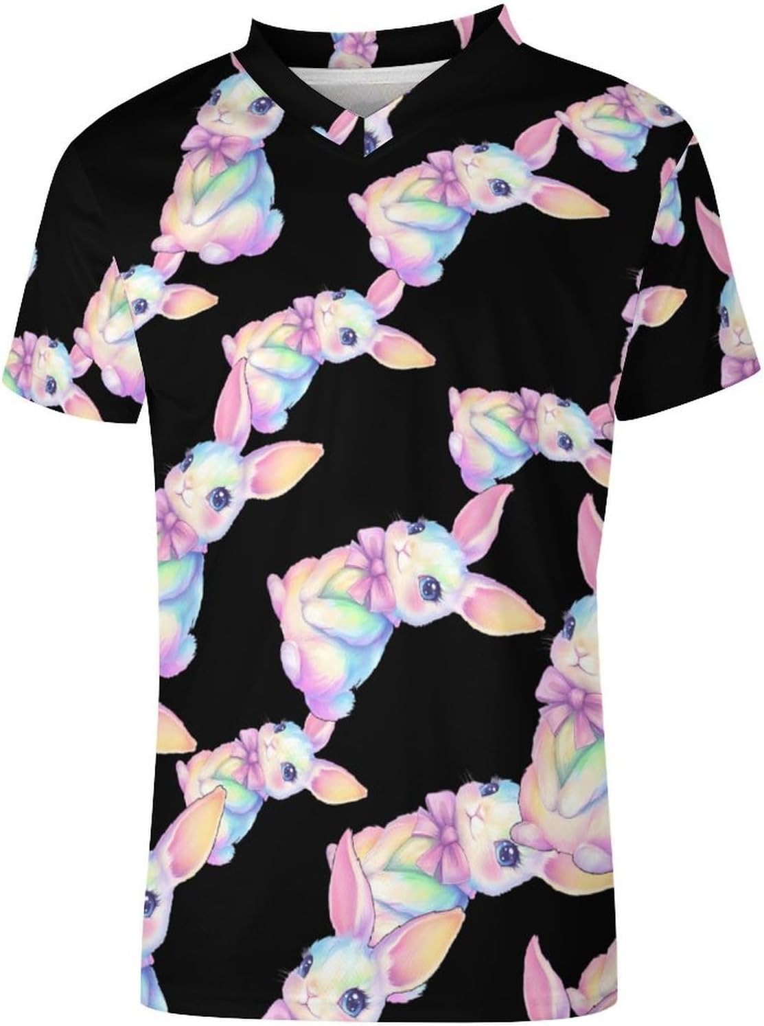 Cute Pastel Rainbow Easter Bunny Men's Running Shirts V Neck Short Sleeve T Shirt Football Jersey Sport Tops 6X-Large