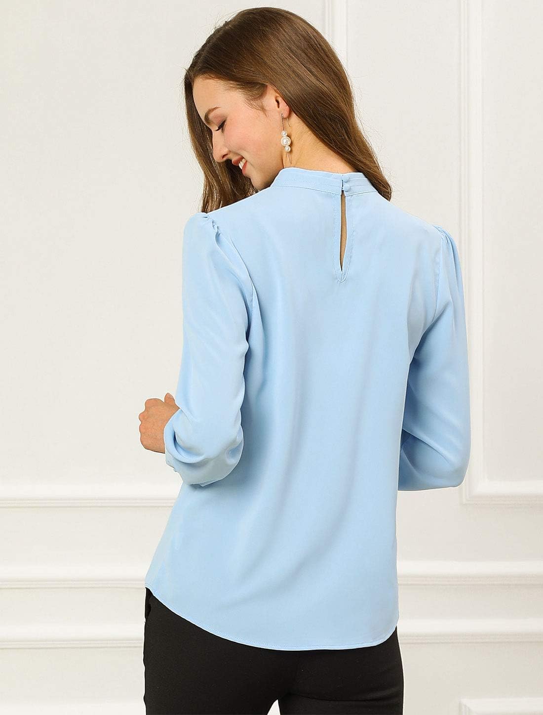 Allegra K Women's Work Tops Dressy Casual Shirts Mock Neck Keyhole Business Casual Long Sleeve Blouse - Image 5