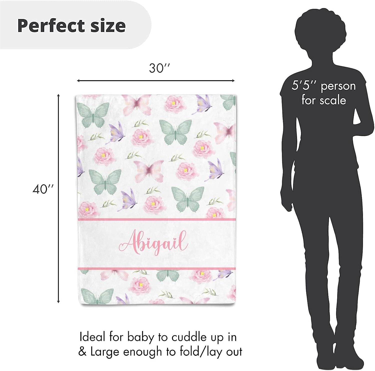 Pink Green Butterfly Personalized Receiving Baby Blankets for Girls Boys Kids with Name,Customized Swaddle Blankets Gift for Newborn Crib Infants 30x40 Inches