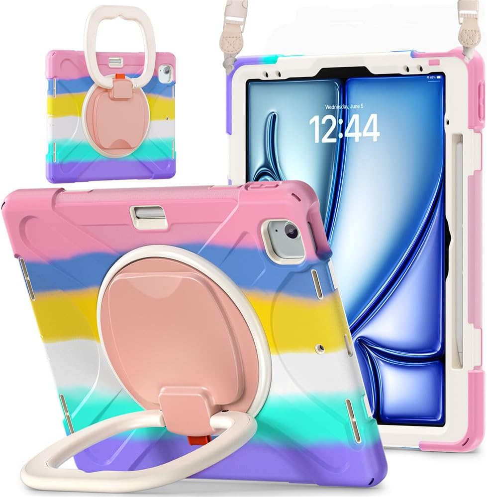 Generic Compatible for iPad pro 11 inch (M5) 2025 (Color: Pink Colorful) Hard Shockproof Silicone case with Strap, 360 Degree Rotation