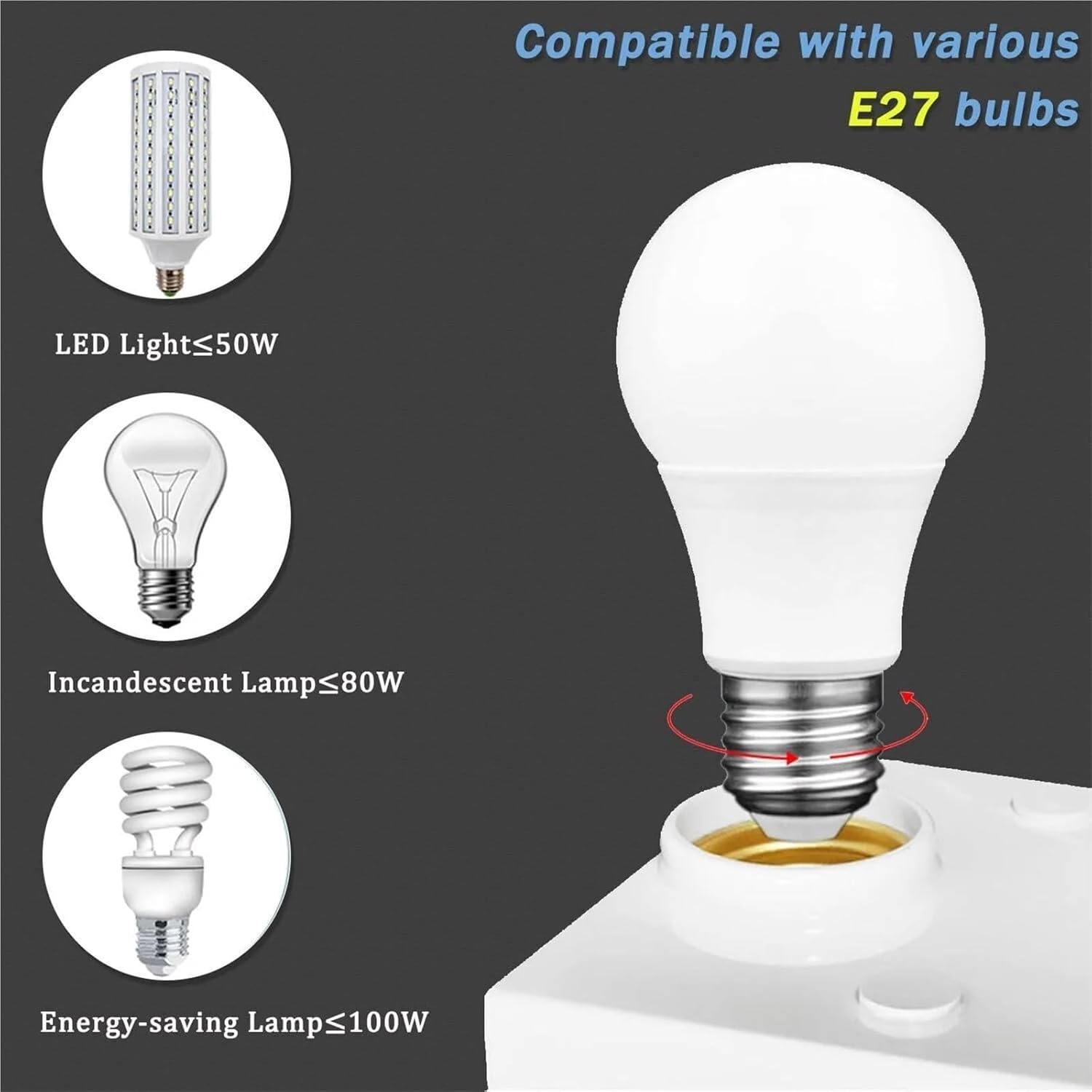 PIR Motion Sensor Light Socket Adapter, E27 Bulb Holder with Auto On/Off Switch, 85-265V AC, Easy Twist Installation