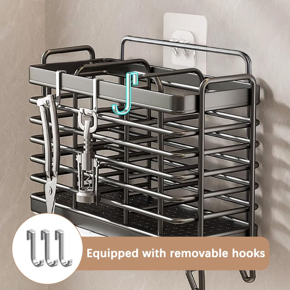 Jadin Porta Mestoli da Cucina, Poggia Mestolo Cucina, Porta Utensili da Cucina, Cestello Posate in Acciaio Inox con Scolapiatti, 3 Scomparti, Senza Fori, Fissaggio a Parete/ Tavolo, Rimovibile, Nero