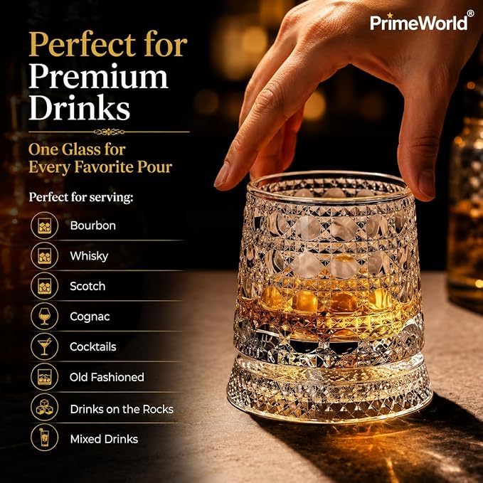 Image of PrimeWorld Diamond Dancing Whiskey Glasses - Set of 6 | 300ml 360 Rotating & Spinning Old Fashioned Tumblers | Diamond Cut Crystal Clear Bar Glasses for Whiskey, Bourbon, Scotch, Brandy & Cocktails