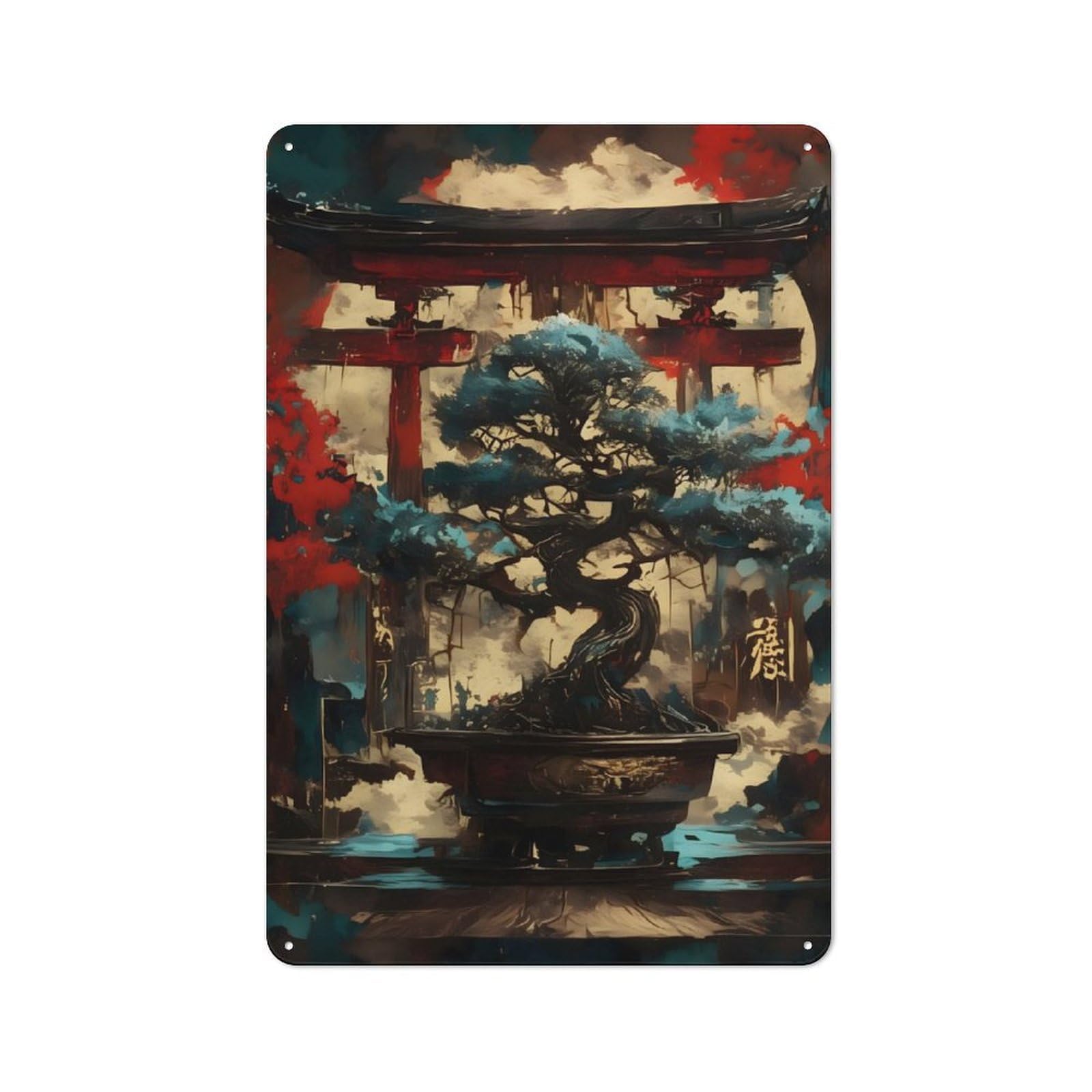 Junmoney Bonsai Tree And Torii Gate Retro-Style Metal Plaque 30X20cm For Kitchen Or Home Bar, Gift For Home Bar Enthusiasts During The Christmas Season