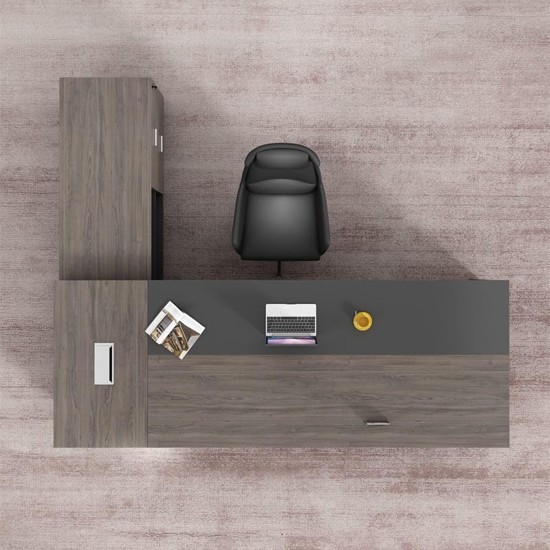 Image of Lakdi The Furniture Co Director L-Shape Office Table Luxury Desk Made in Particle Board with Drawer,CPU Space, Side Unit & Wire Manager- Dark Grey - 5-Year Warranty & Free Assembly-LDL-607