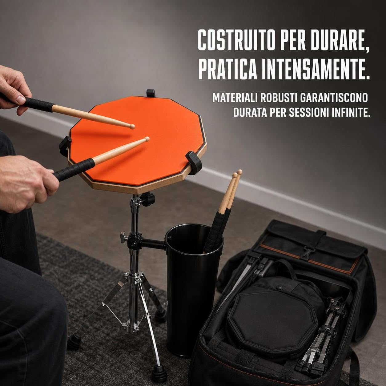 Caja Sorda para Percusión - Almohadilla Práctica Silenciosa con Baquetas y Soporte para Bateristas Principiantes - para Ensayos, Naranja