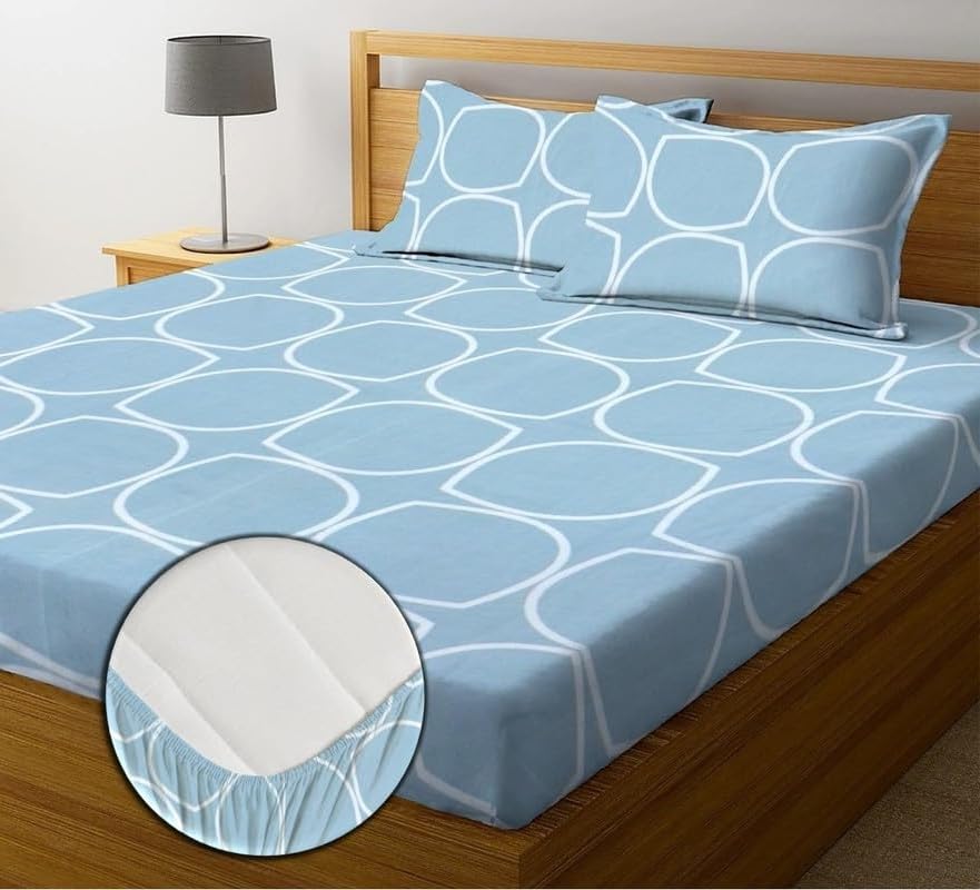 Image of 210 TC Glace Cotton Soft Cotton Elegent Design Fitted King Size 72x78x10 inches Bedsheet Set - Lightweight & Durable 1 Bed Sheet with 2 Pillowcase 17x27 inches SkyGollaa
