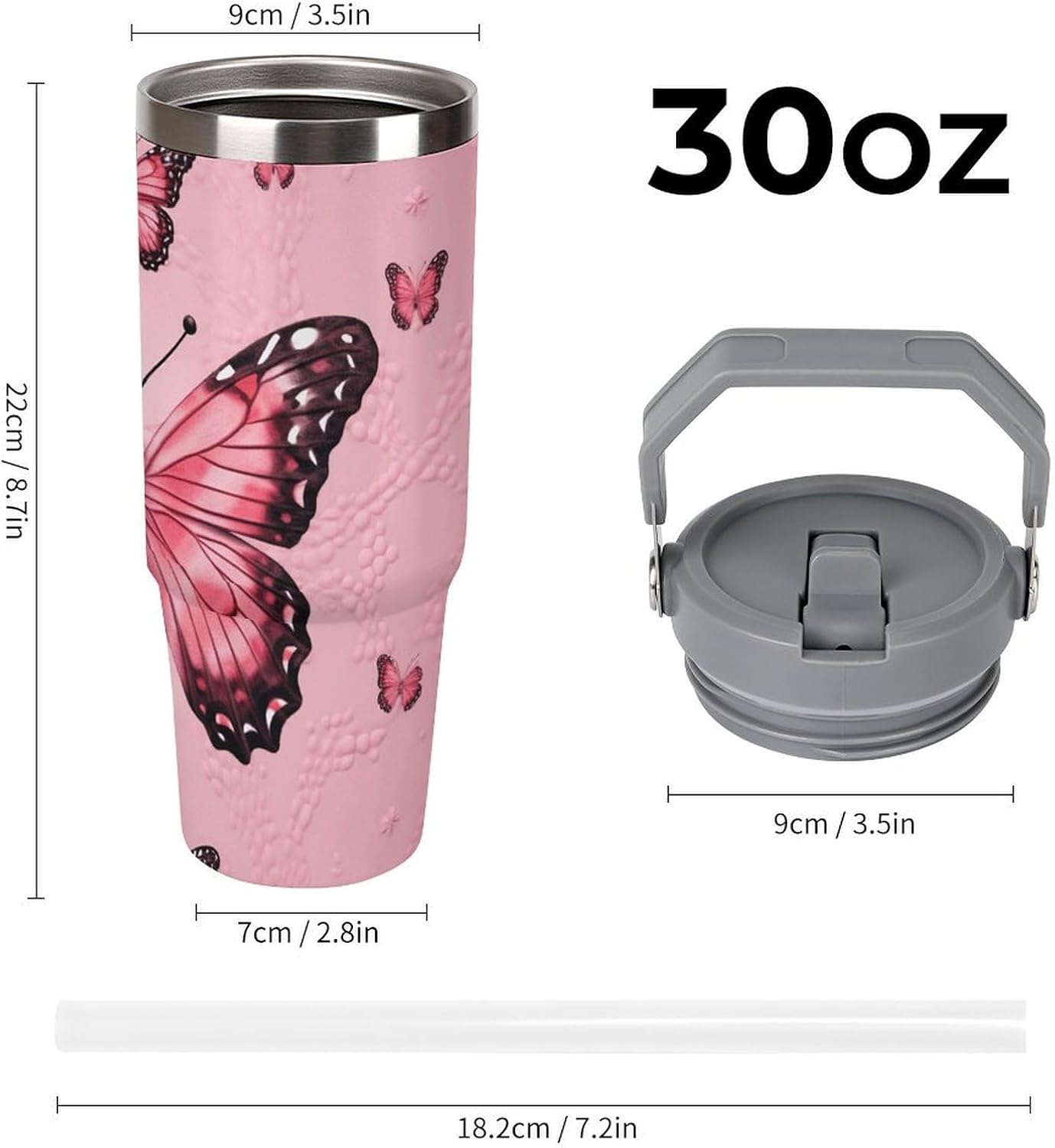 30oz Insulated Tumblers with Top Handle, Stainless Steel Butterfly Car Cup with Straw for Gift, Leak-Proof Double Wall Vacuum Travel Mug, Personalized Water Bottles White