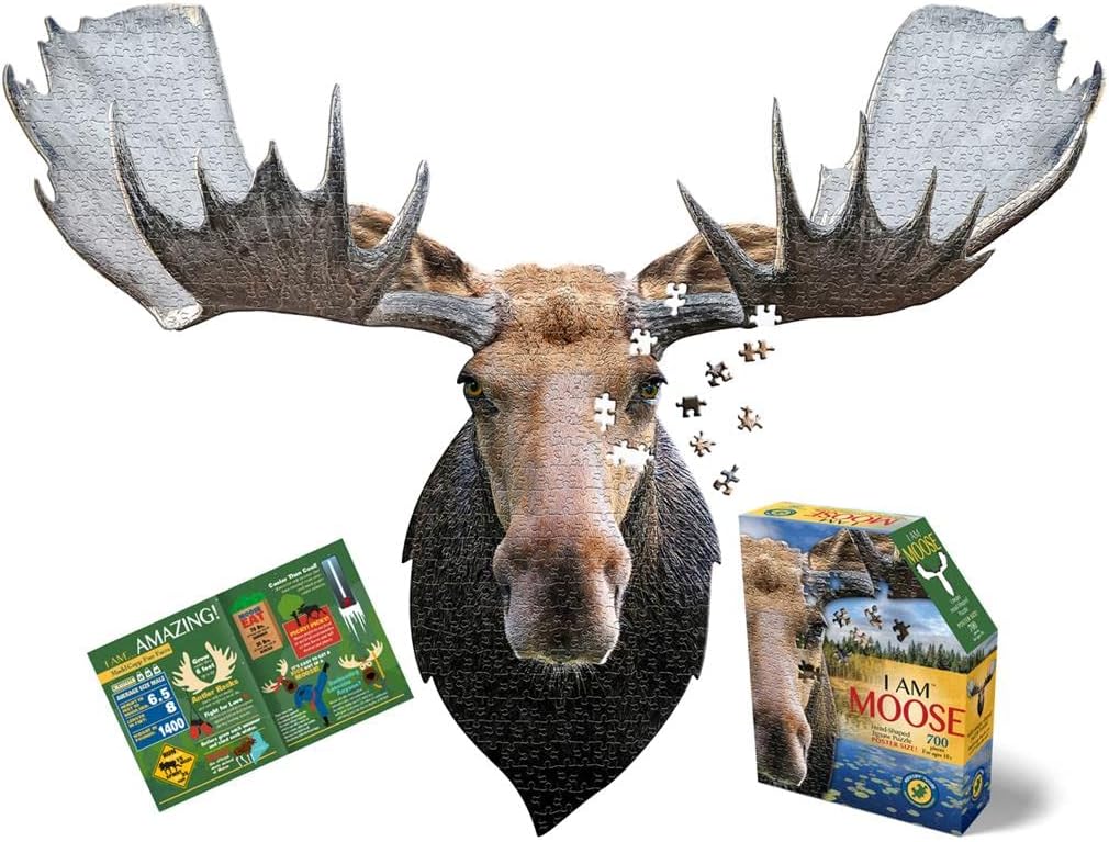 Madd Capp MOOSE 700 Piece Jigsaw Puzzle For Ages 10 and up - 3006 - Unique Animal-Shaped Border, Poster Size, Challenging Random Cut, Five-Sided Box Fits on Bookshelf, Includes Educational Fun Facts