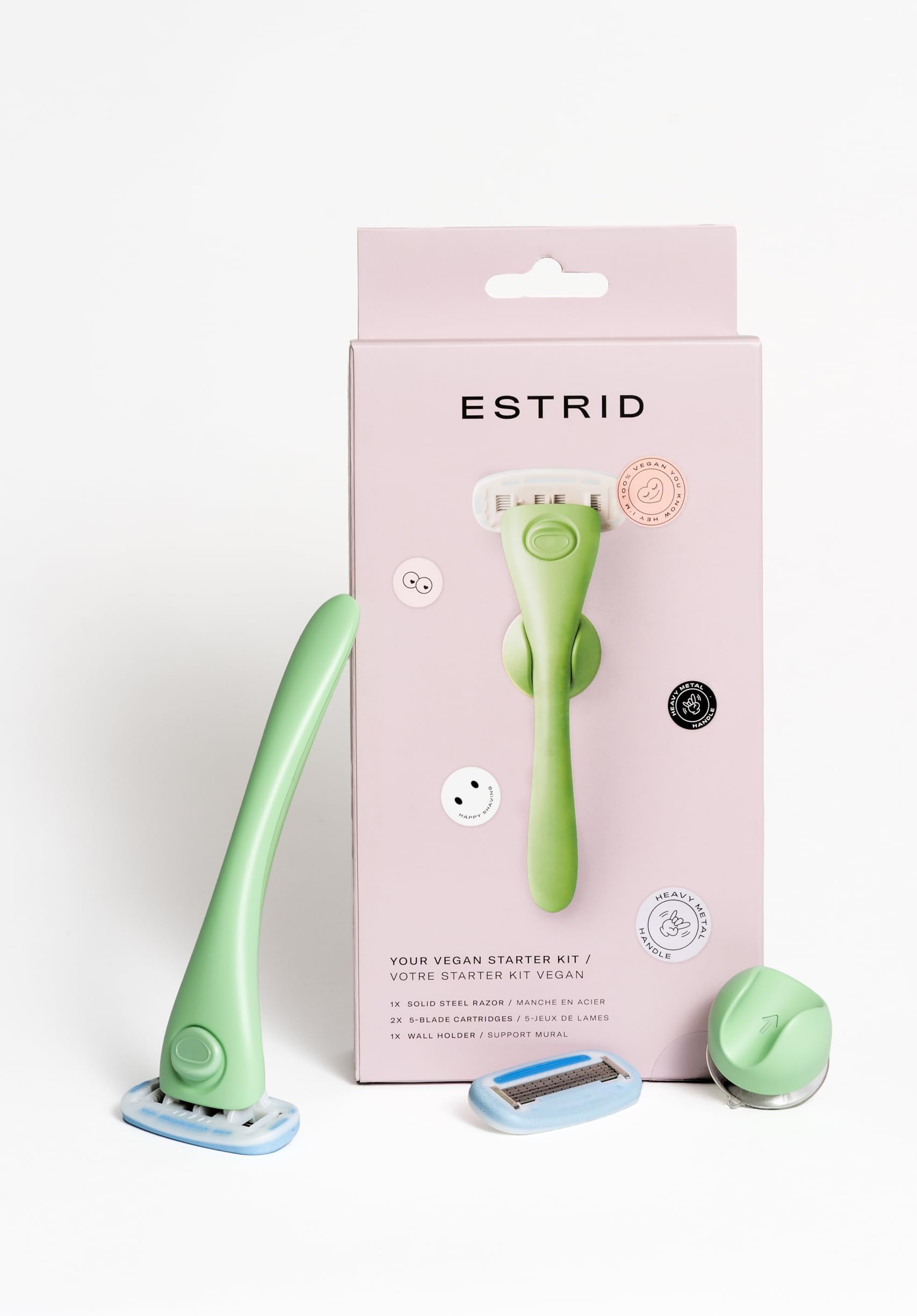Estrid Starter Kit - Steel Razor + 2 * 5 blade Refill + Wall holder Razor for Body, Vegan, For sensitive skin, 2 refill cartridges (Matcha)