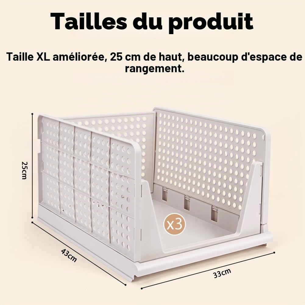Lot de 3 boîtes de rangement pliables en plastique empilables pour vêtements, chambre à coucher, cuisine, salle de bain