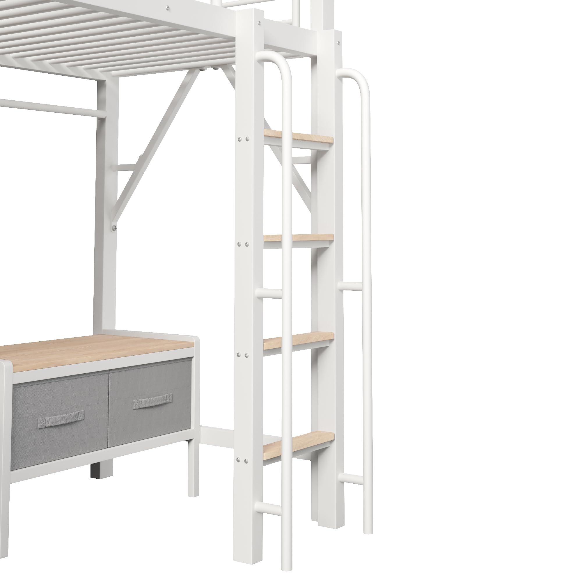 Hochbett 90x200 mit Lochwand, mehreren Regalen, LED, USB, Schreibtisch
