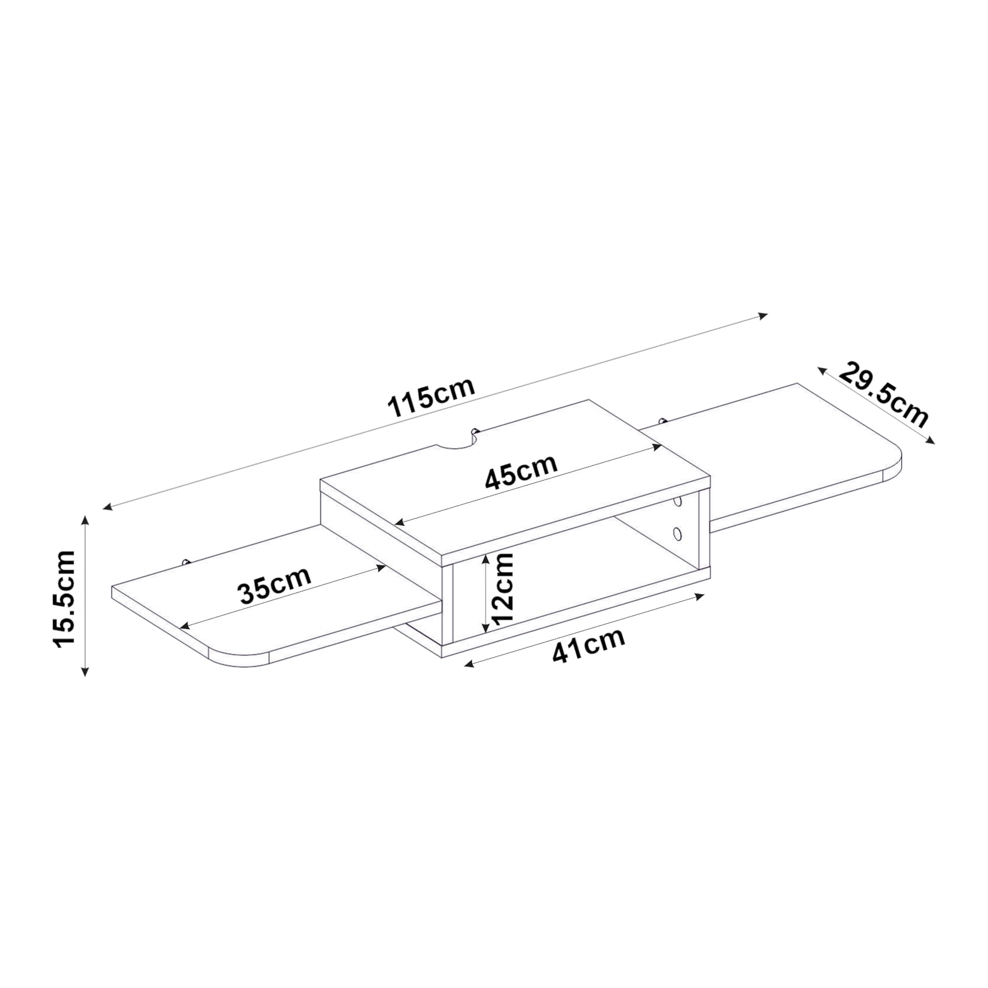 [en.casa] Mobile Porta TV da Parete con Vano Aperto Mensola Sospesa con Ripiani Laterali e Fori Passacavi per Soggiorno Salotto Stand Multimediale 115 x 30 x 16 cm - Bianco