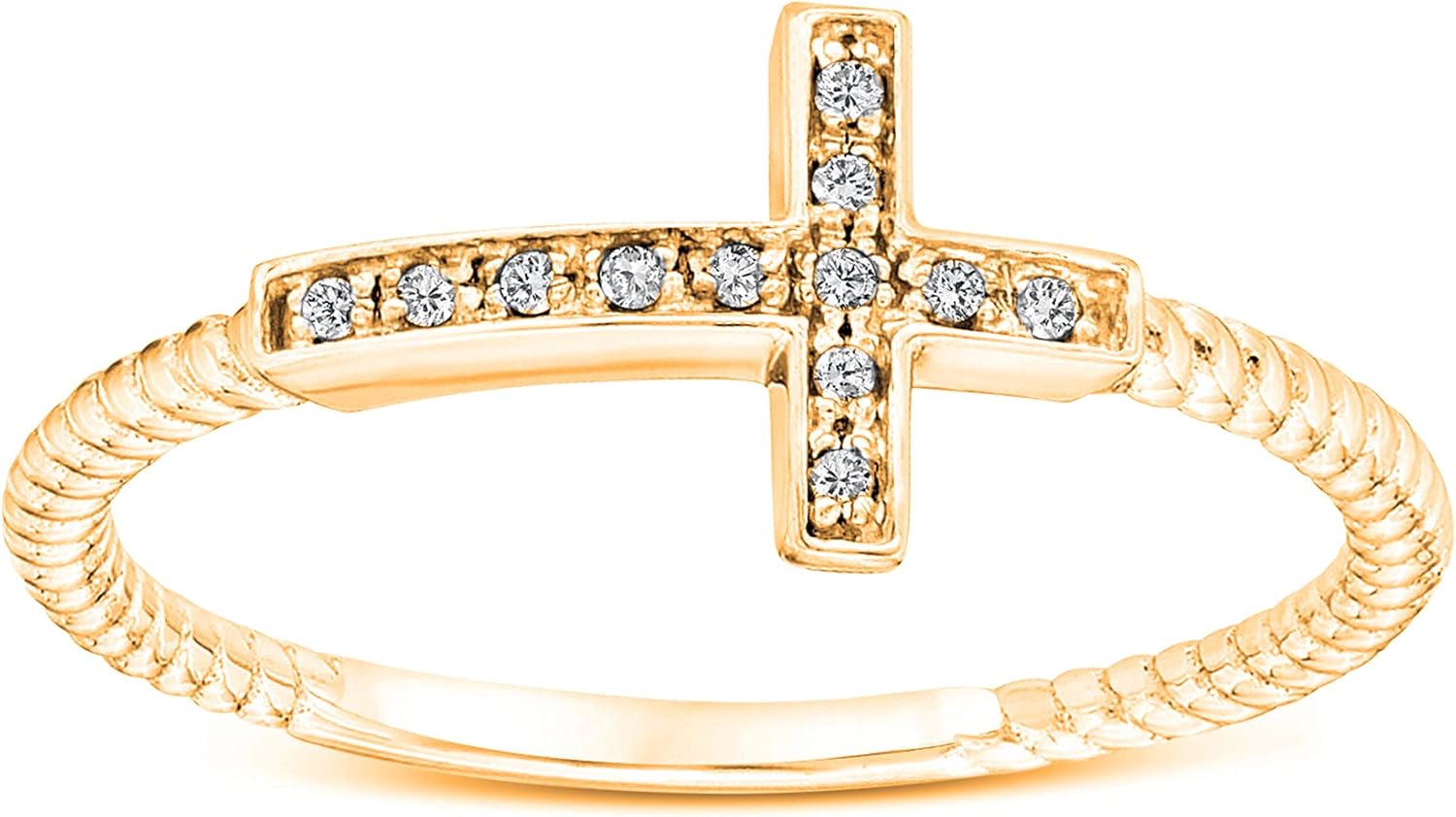 Savlano 18K Yellow Gold Plated Round Cut Cubic Zirconia Sideways Cross Rope Band Ring Women Religious Ring