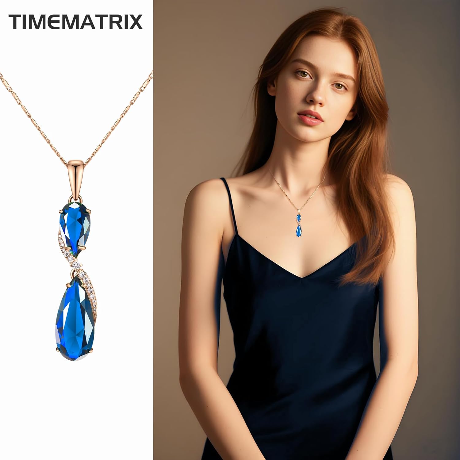 Teardrop Pendant Necklace for Women, 18K Gold Plated Brass with Sapphire Blue Cubic Zirconia Gemstones Double Teardrop Pendant - Image 3