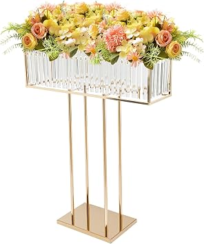 Crystal Flower Stand, Wedding Gold Crystal Centerpiece Flower Stands with Sparkling Pendants and Base, Elegant Table Decoration, Golden Vase for Weddings Parties Receptions Home Decor