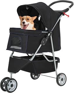 FDW 3-Wheel Foldable Pet Stroller for Dogs & Cats - Durable Waterproof, Storage Basket, Cup Holder, 33lb Capacity, Black