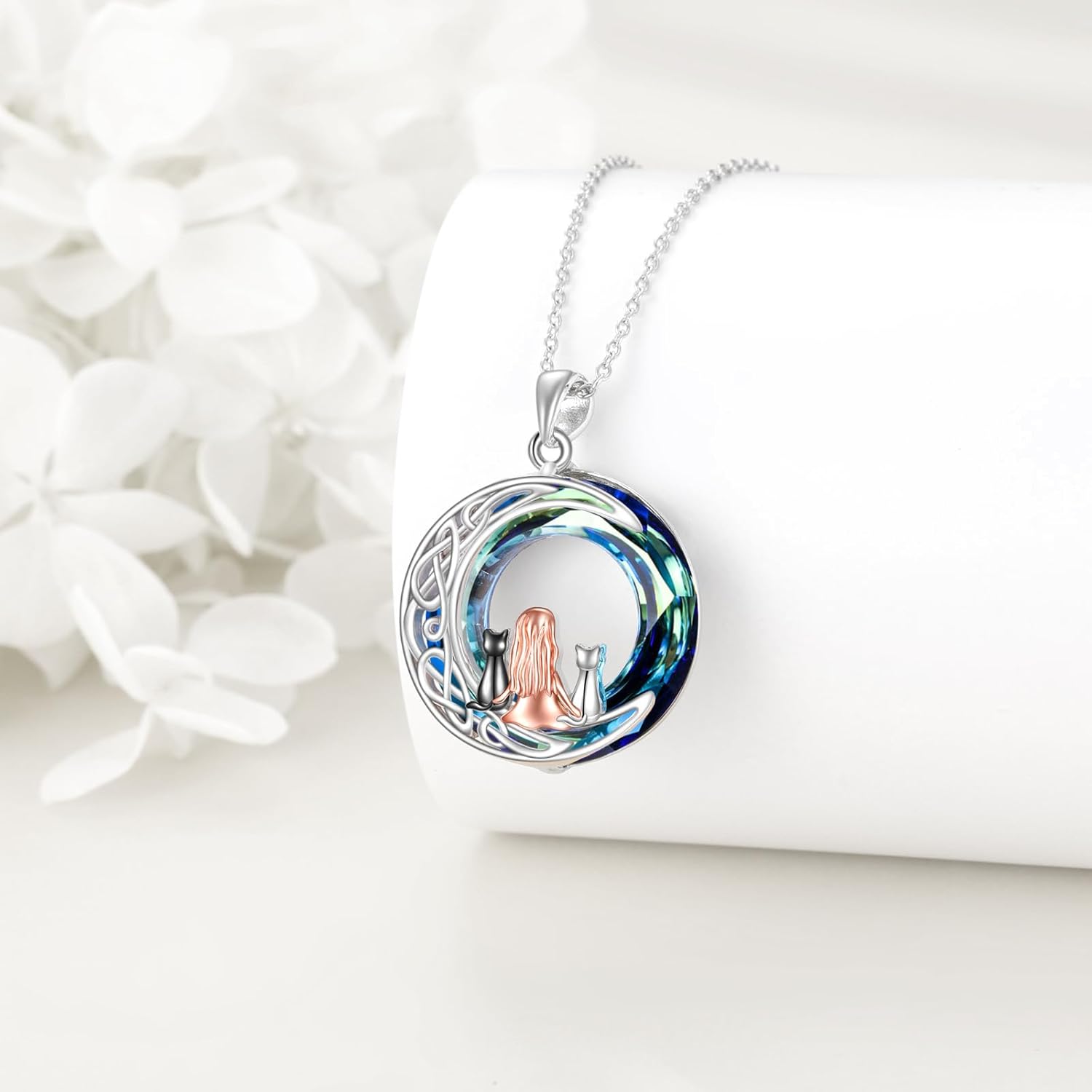 POPLYKE Cat Celtic Necklace Sterling Silver Two Cats with Sister on the Moon Pendant Necklace Blue Circle Crystal Jewelry Gifts for Her Women - Image 3