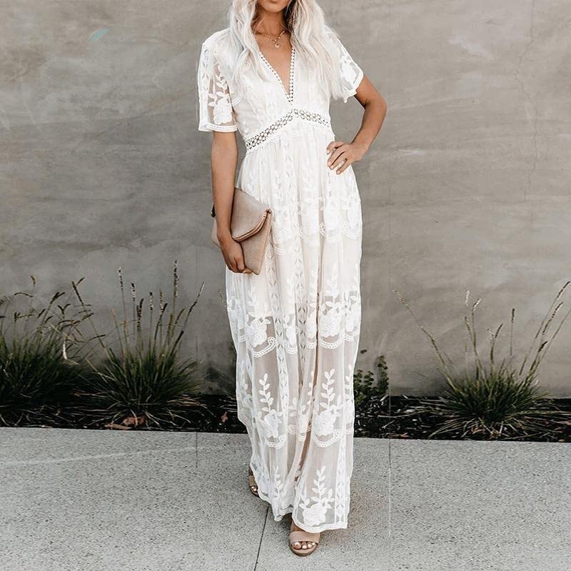 Womens White Boho Maxi Dress Deep V Neck Short Sleeve Lace Ruffle Long Dress Elegant Floral Beach Dresses2