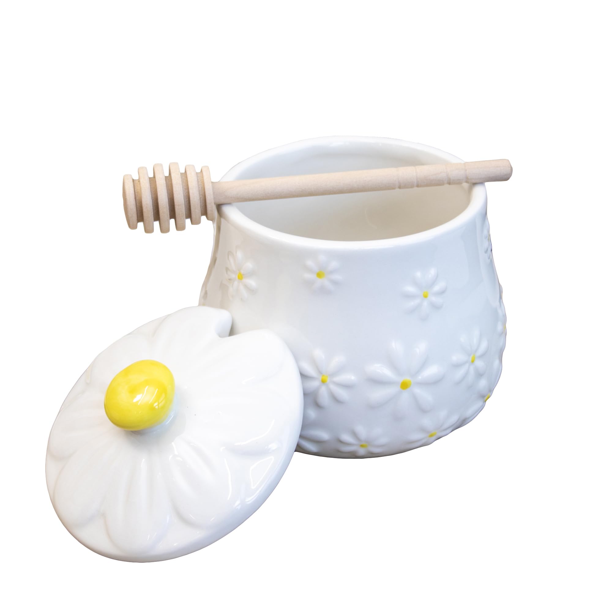 White Daisy Honey Pot & Drizzler Ceramic Embossed Flower Storage Jar Wood Dipper