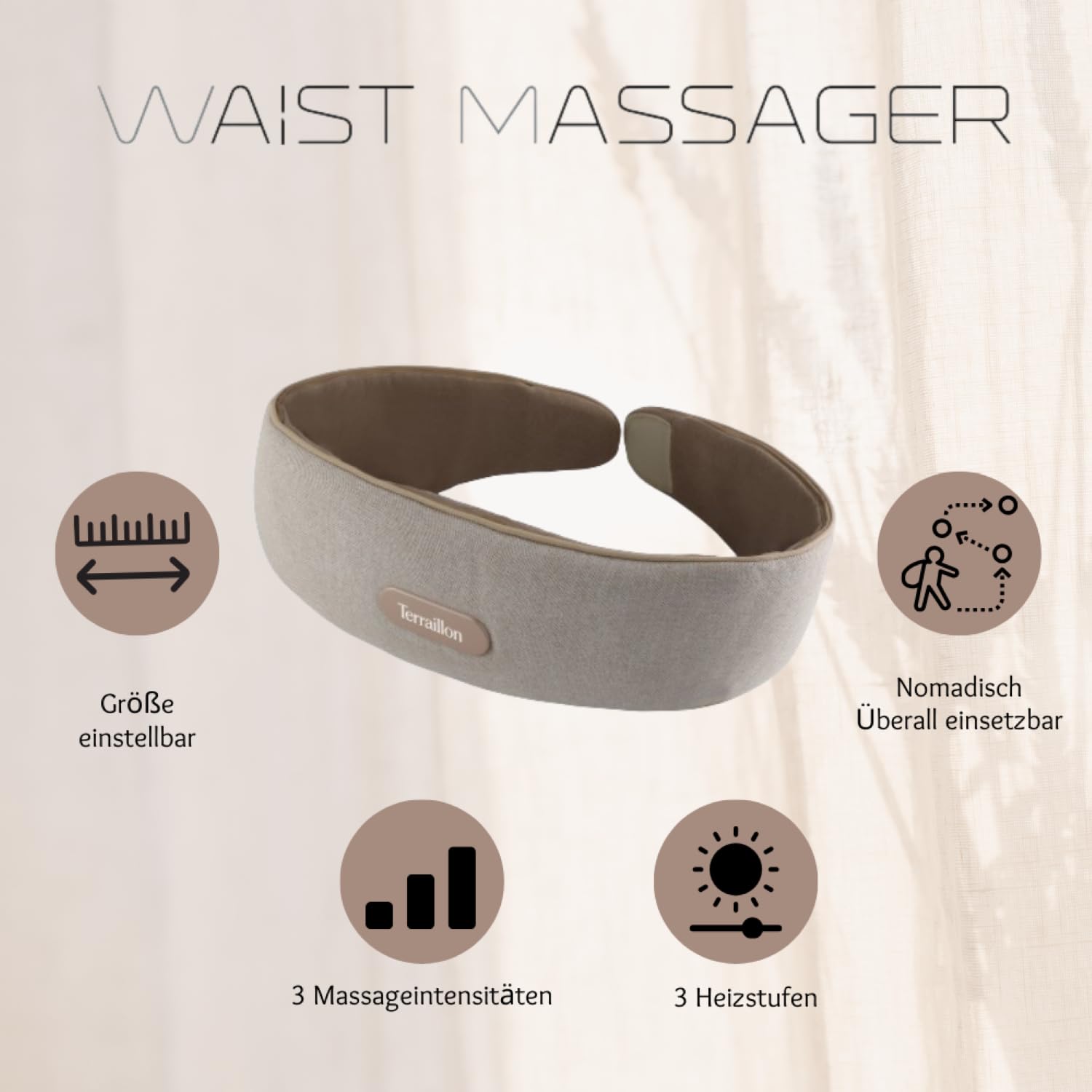TERRAILLON - WAIST MASSAGER, Massagegürtel für Rücken und Bauch, 2 Massagemodi: Vibration und Kompression, 3 Temperaturstufen, wiederaufladbar über USB-C